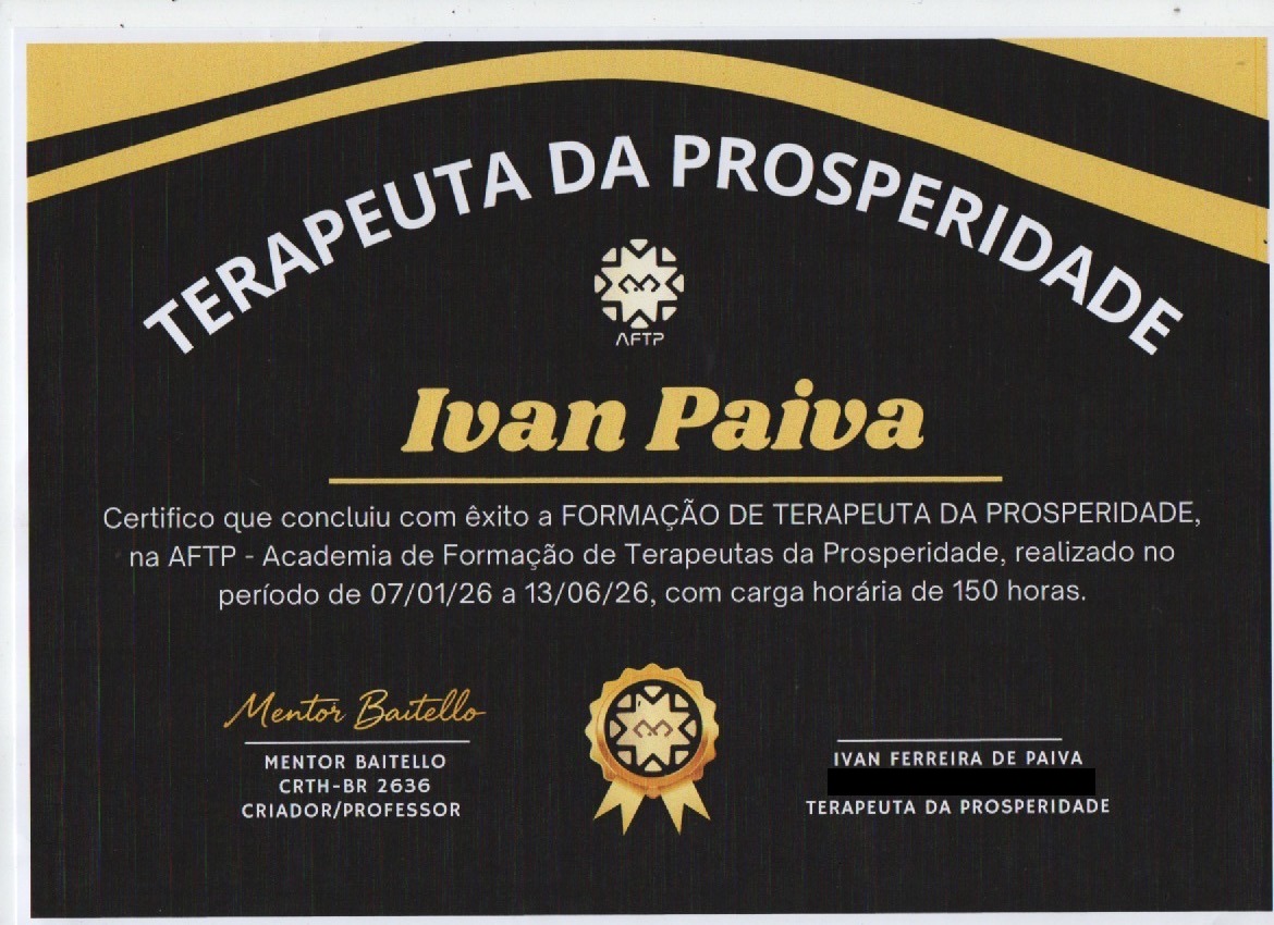 Certificado de conclusão da Formação de Terapeuta da Prosperidade emitido pela AFTP em nome de Ivan Paiva